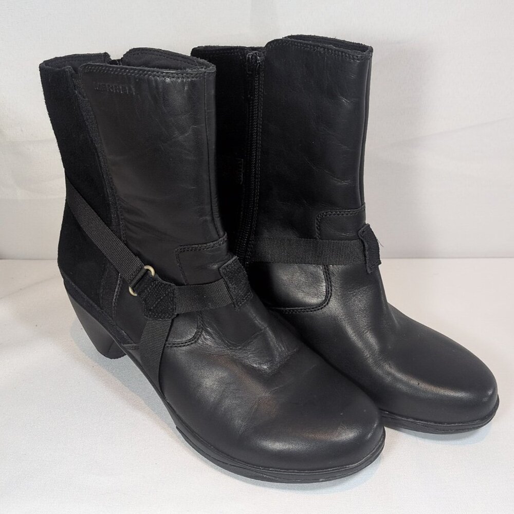 Merrell Evera Fade Black Leather Ankle Boot Side Zip Women 9 Heel Booties